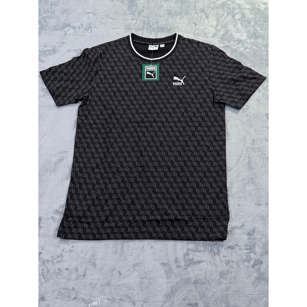 Puma Mens Geometric Cube Print T-Shirt Black Grey Short Sleeve Crewneck Size M